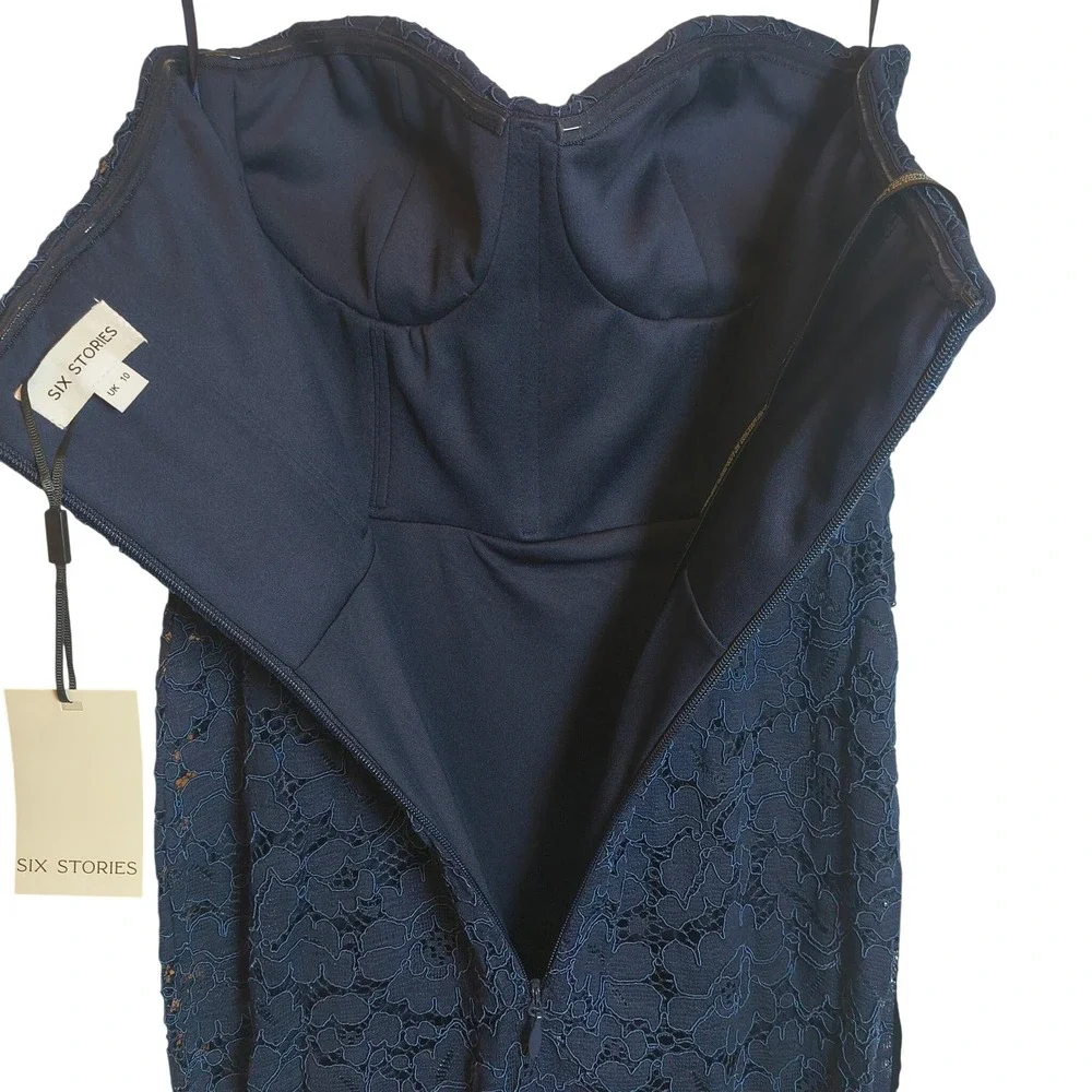 Six Stories Navy Lace Corset Maxi Dress Women's US 6 Strapless Formal Gown‎ NWT